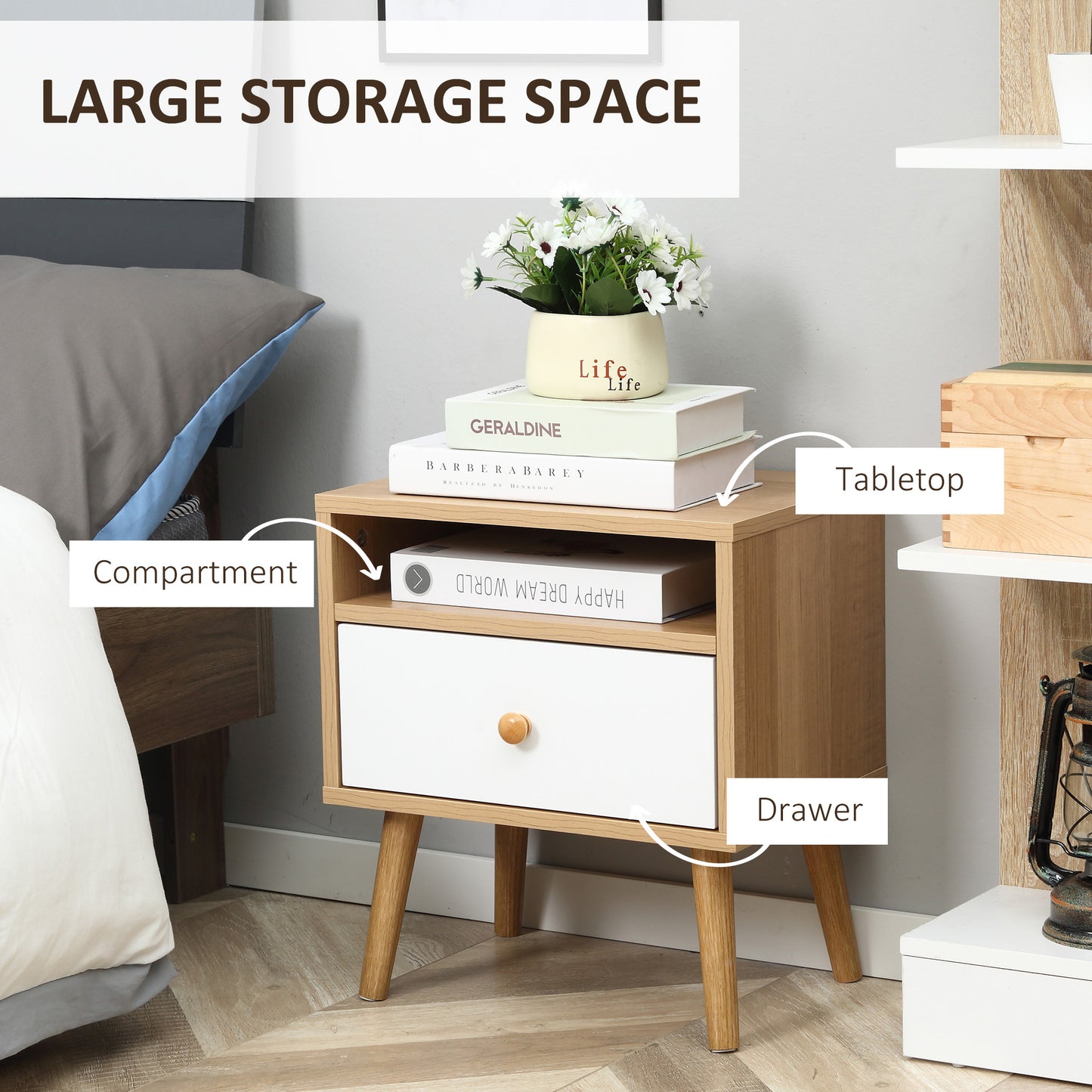 Sartok Set Of 2 Wooden Natural Bedside Tables With Drawer And Top Shelf