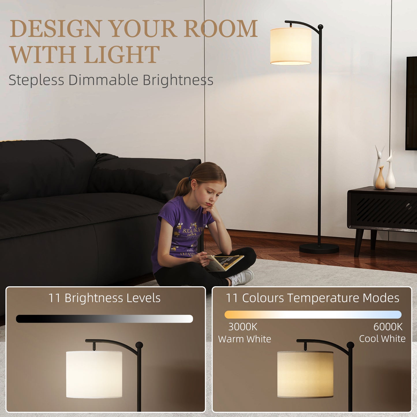 Mota Nelo Metal Black LED Floor Lamp With Remote Control And Slim Modern Profile