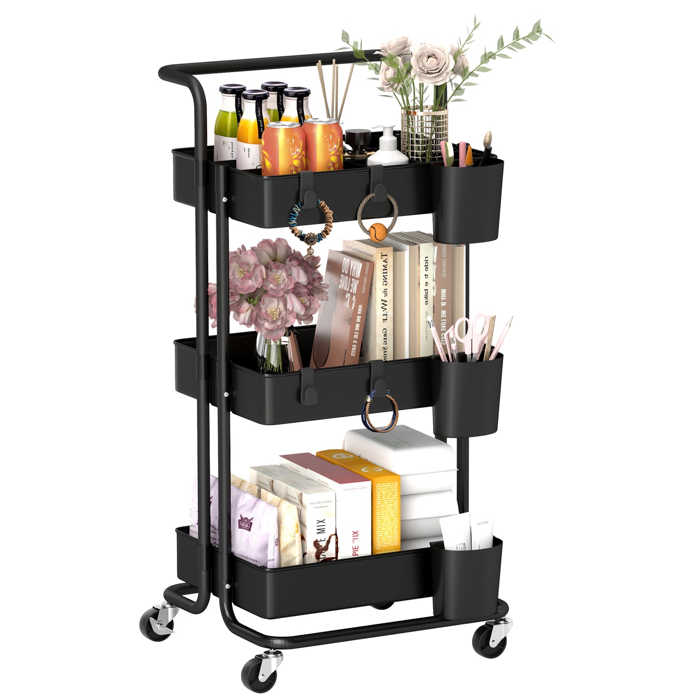 Nirelu Metal Black 3 Tier Home Trolley With Handle And Wheels