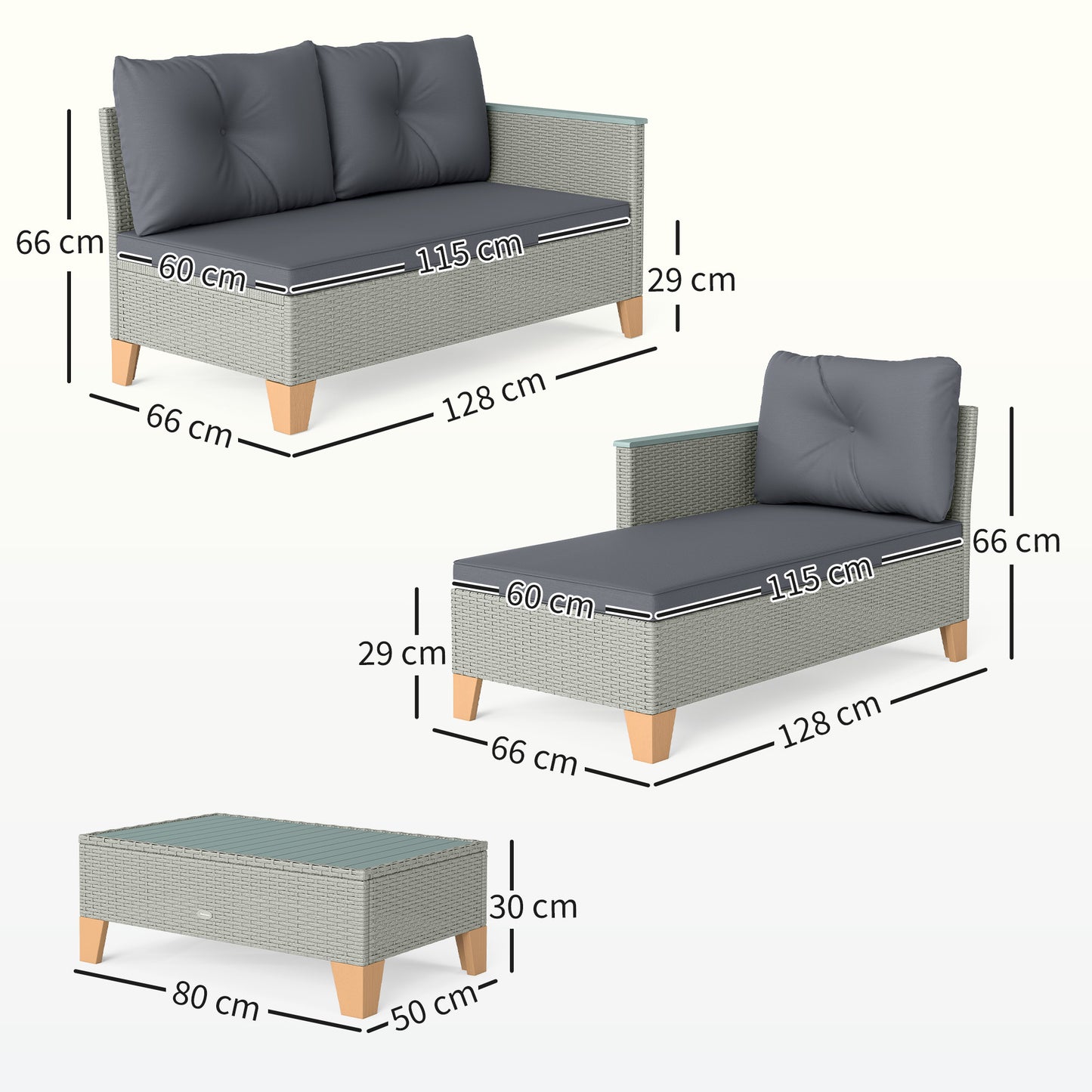 Tozivi Rattan Grey 3 Piece L Shaped Outdoor Conversation Set With Wood Top Table