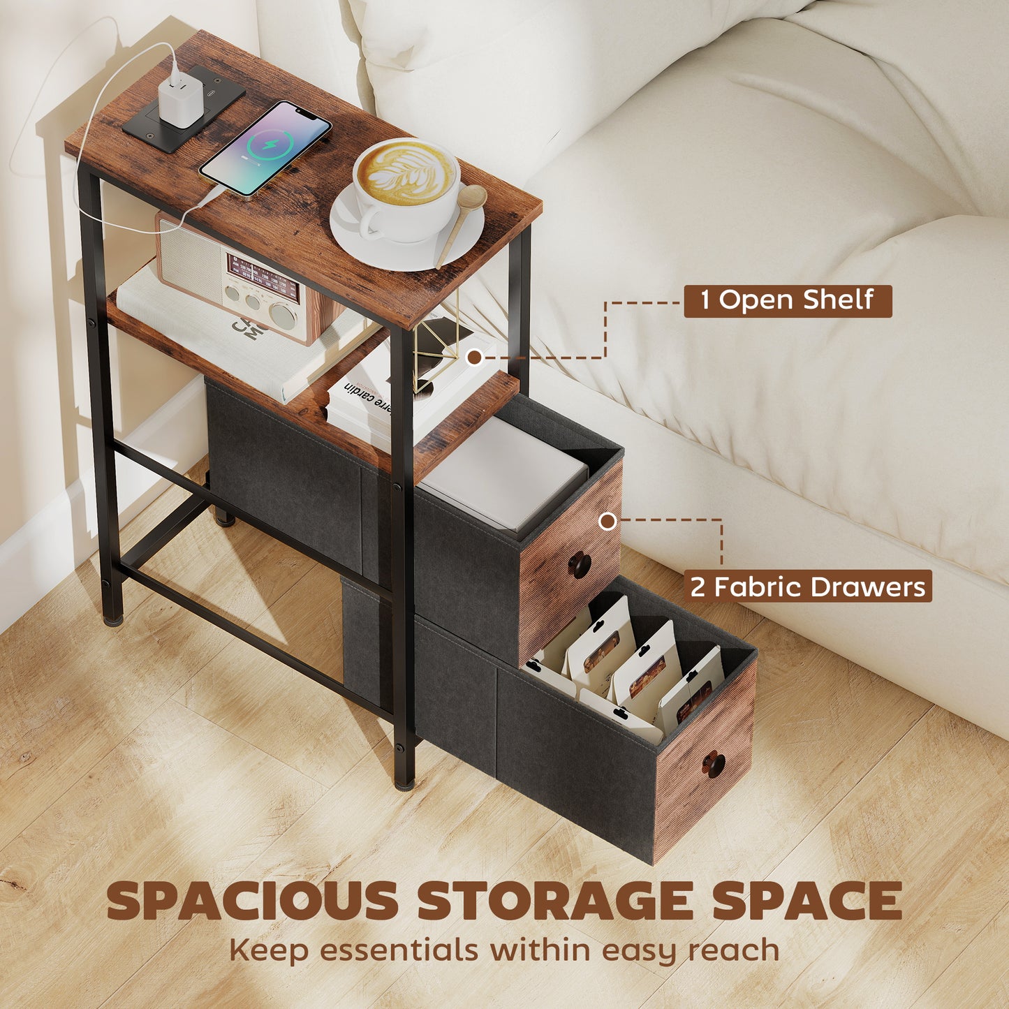 Suro Wooden Narrow Bedside Table With 2 Drawers And Built In Charging Station