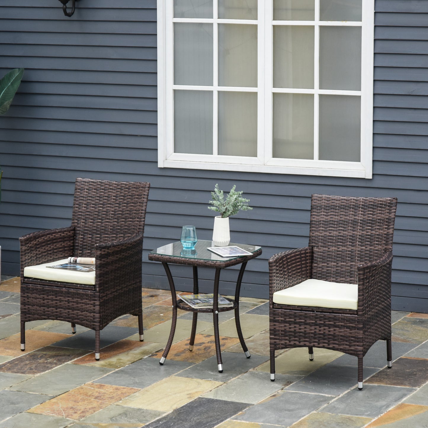 Lovi Rattan Brown 3 Piece Outdoor Bistro Chair Set With Cushions