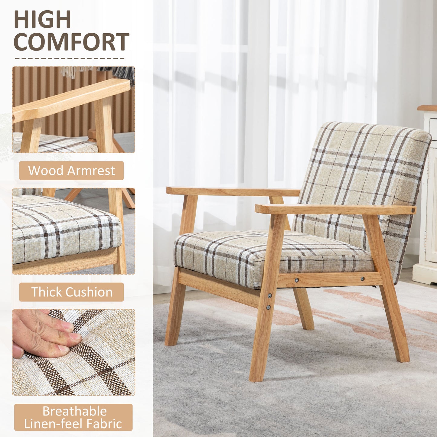 Sove Linen Beige Tartan Pattern Single Armchair With Wooden Frame