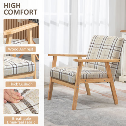 Sove Linen Beige Tartan Pattern Single Armchair With Wooden Frame