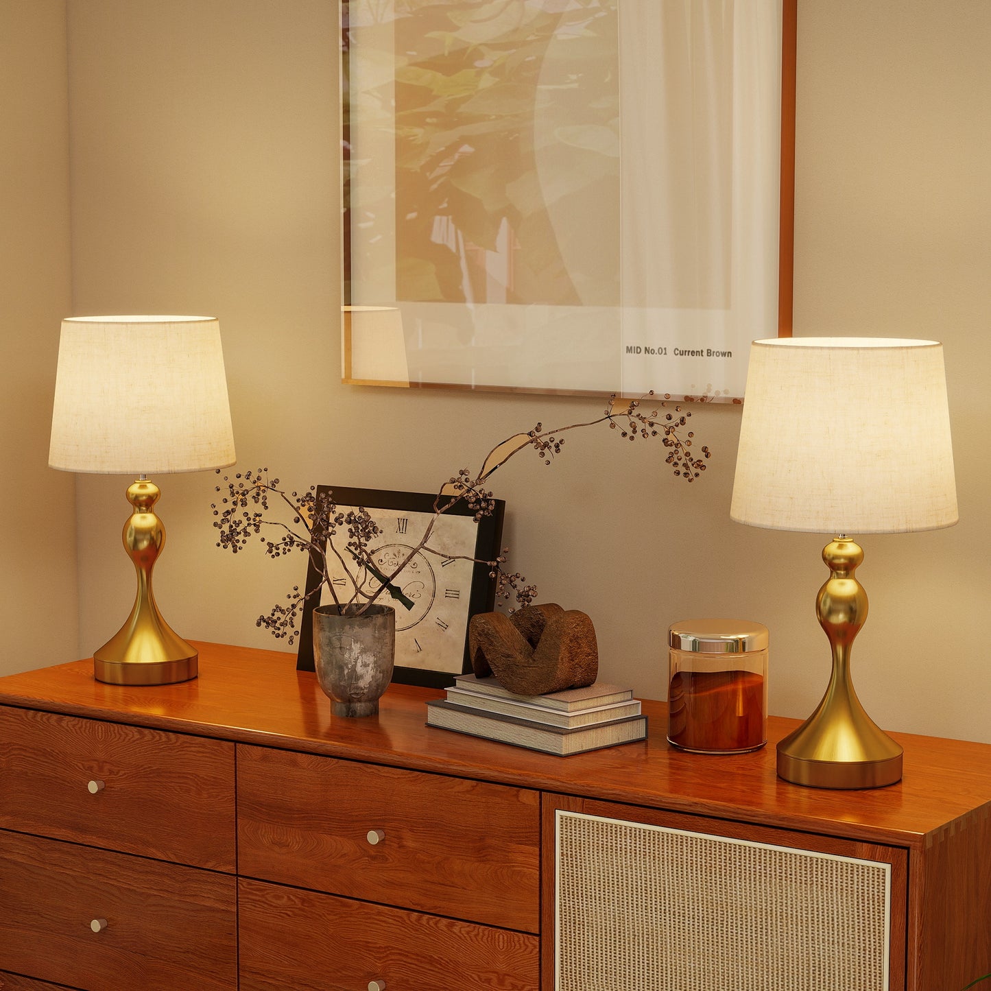 Rino Metal Gold Tone Set Of 2 Bedside Lamps With USB Charging Ports Linen Shades And 3 Colour Light