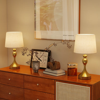 Rino Metal Gold Tone Set Of 2 Bedside Lamps With USB Charging Ports Linen Shades And 3 Colour Light