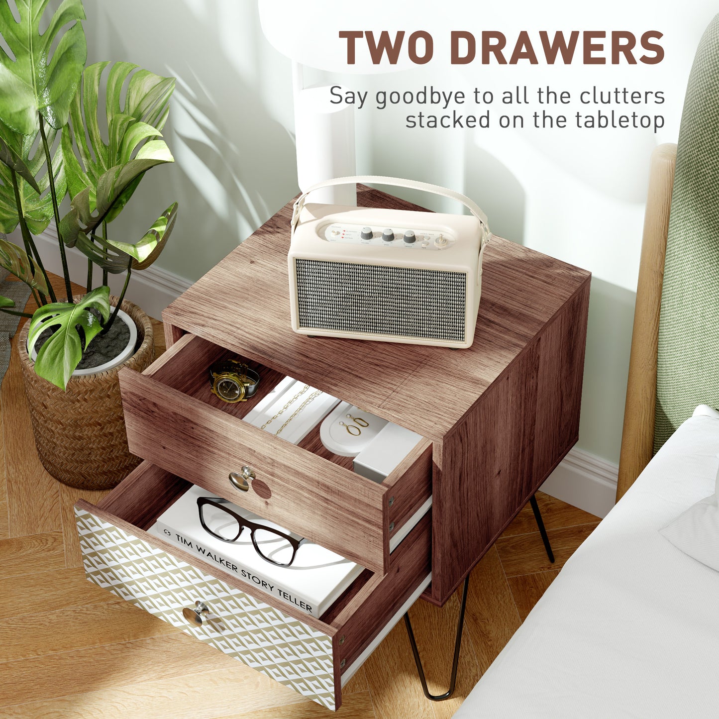 Lofake Scandinavian Brown 2 Drawer Nightstand
