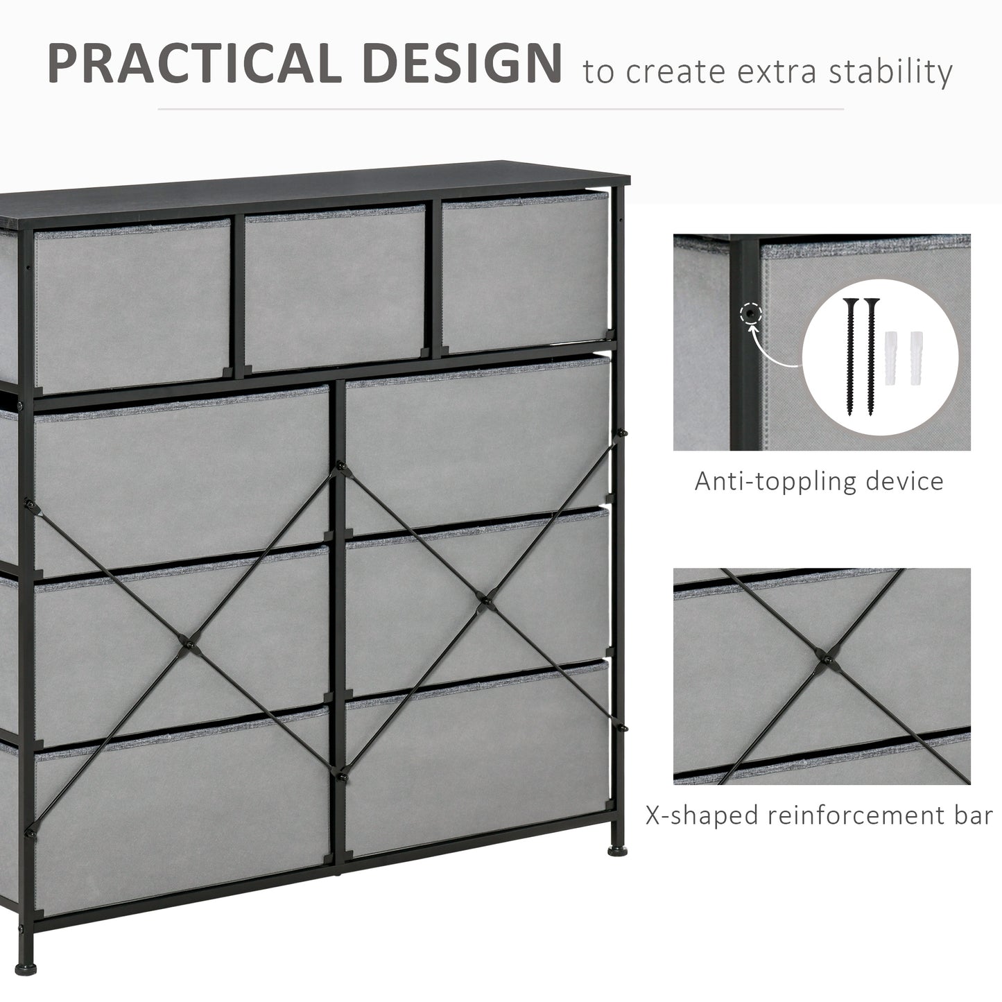 Molisa Metal And Fabric Grey 9 Fabric Drawers Storage Dresser