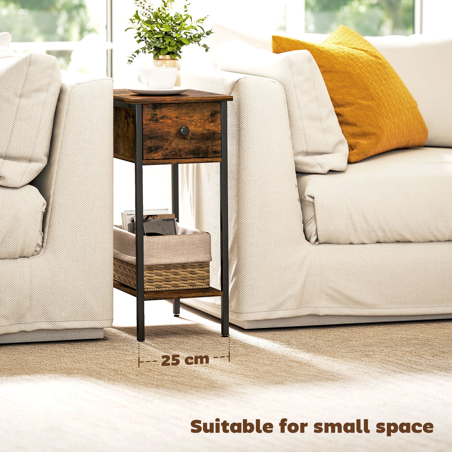Matone Wooden Rustic Brown Narrow Side Table With Drawer And Lower Shelf
