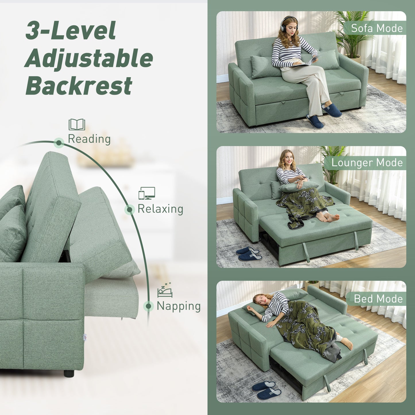 Nenase Mint Green Upholstered 3 Way Convertible 2 Seater Sofa Bed