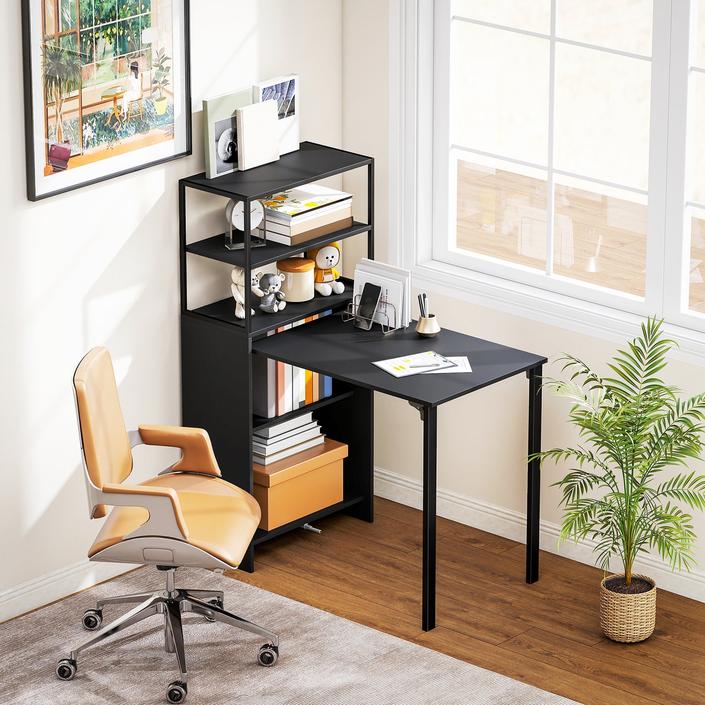 Serana 105cm Wooden Black Folding Work Table With Integrated Shelving