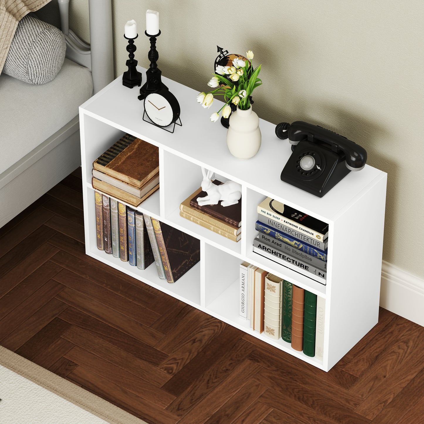 Sovi Wood White 2 Tier Bookcase With 5 Storage Compartments