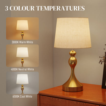Rino Metal Gold Tone Set Of 2 Bedside Lamps With USB Charging Ports Linen Shades And 3 Colour Light
