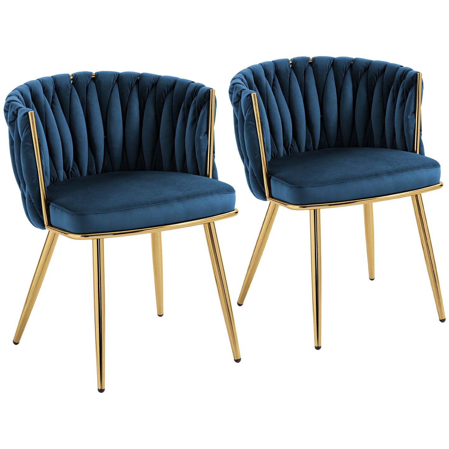 Sosura Set Of 2 Dark Blue Velvet Upholstered Dining Chairs With Woven Back And Arms