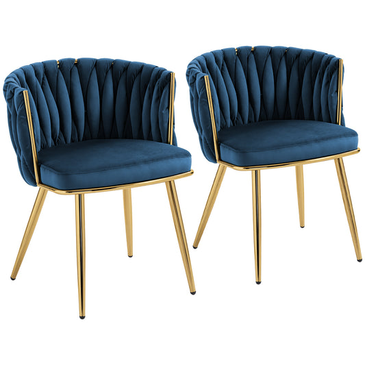 Nirake Set Of 2 Dark Blue Velvet Upholstered Dining Chairs With Woven Back And Arms