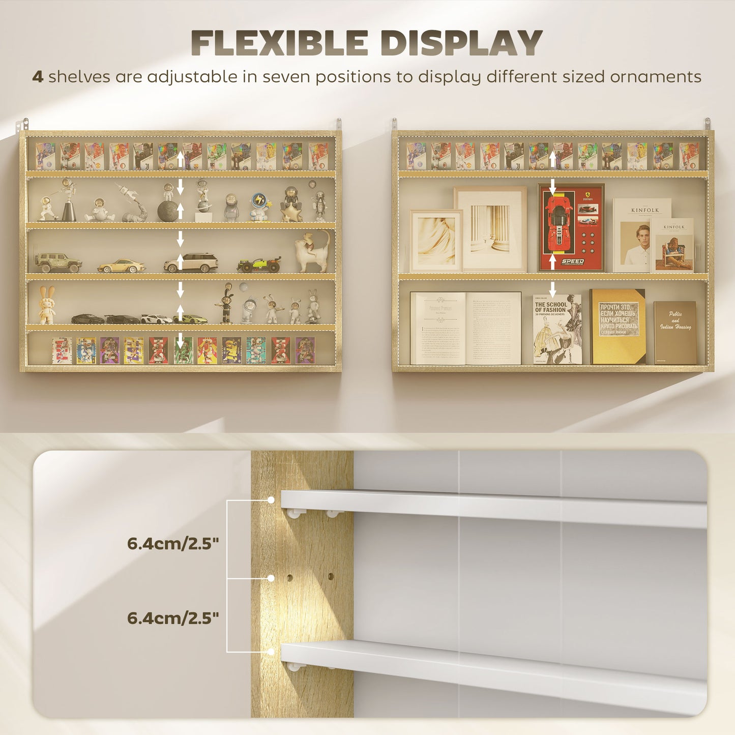 Nisa Vise Wood And Glass Natural Finish 5 Tier Wall Display Cabinet With Adjustable Shelves 60 x 80 cm