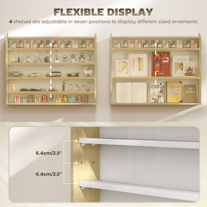Nisa Vise Wood And Glass Natural Finish 5 Tier Wall Display Cabinet With Adjustable Shelves 60 x 80 cm
