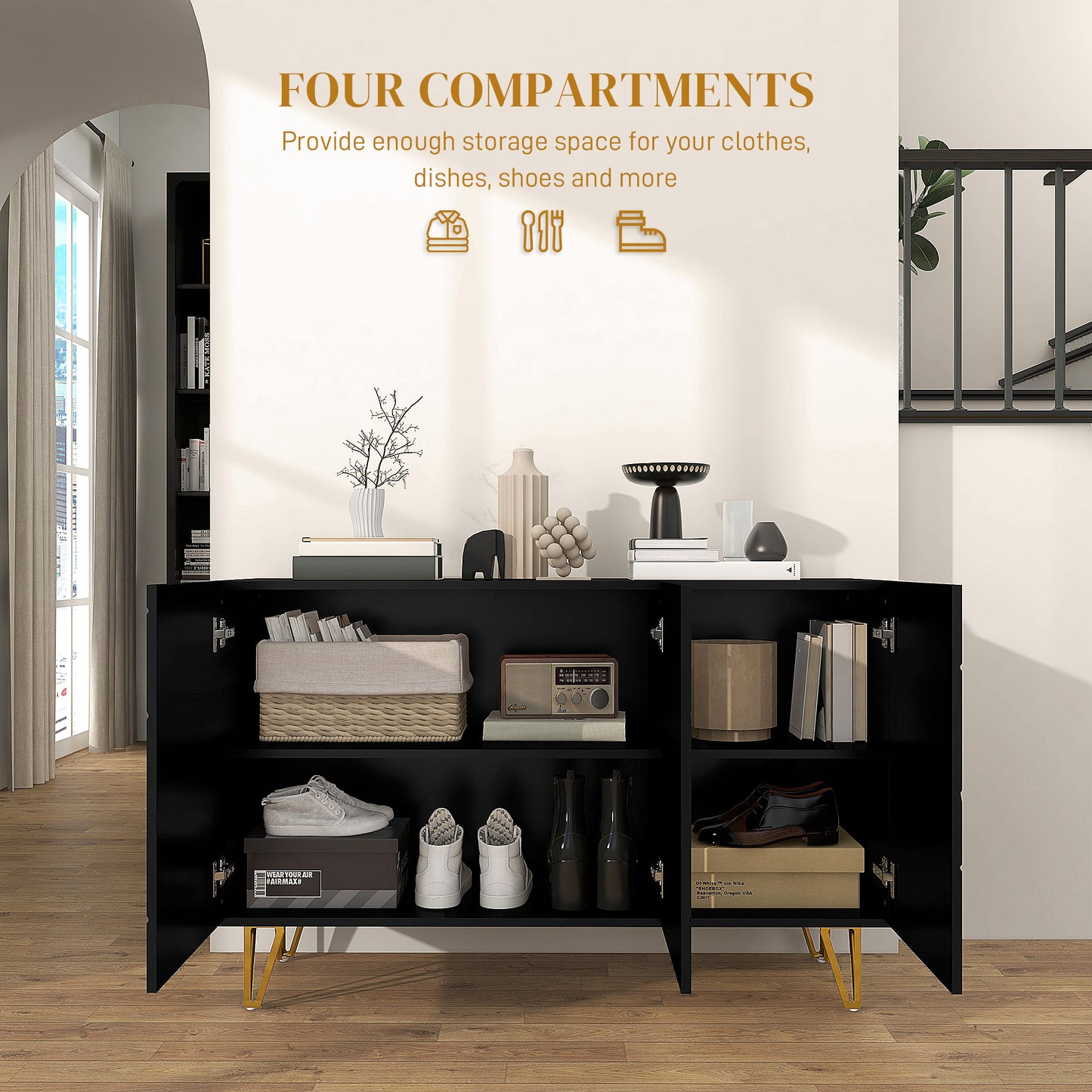 Fayosa High Gloss Black Sideboard With Golden Hairpin Legs