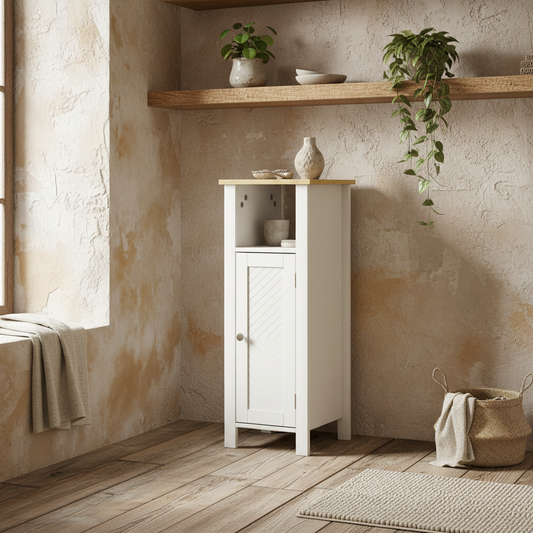 Redove Compact Slim Bathroom Storage Unit With OFauxn Shelving And Adjustable Interior White 32 x 30 x 80 cm