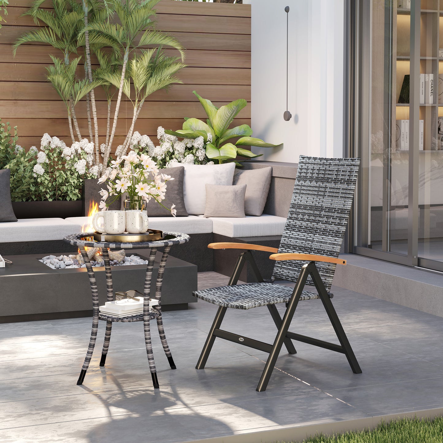 Konotte Suma Rattan Light Grey Folding Garden Dining Chair With 5 Position Reclining Back And Wooden Armrests