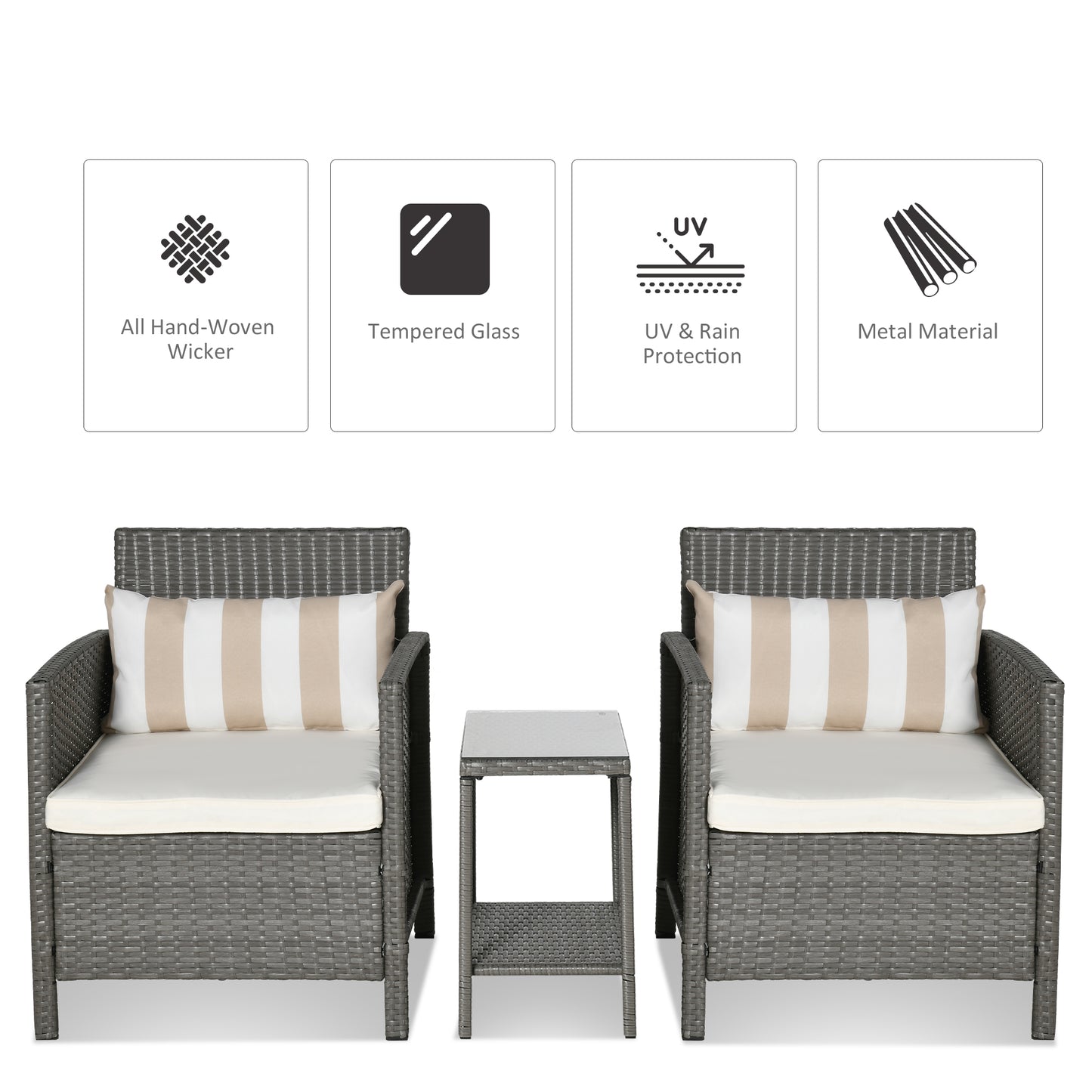Reha Rattan Light Grey 3 Piece Garden Bistro Set With 2 Tier Glass Table And Stripe Cushions