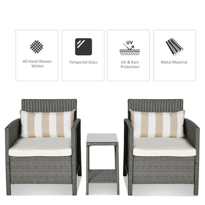 Reha Rattan Light Grey 3 Piece Garden Bistro Set With 2 Tier Glass Table And Stripe Cushions