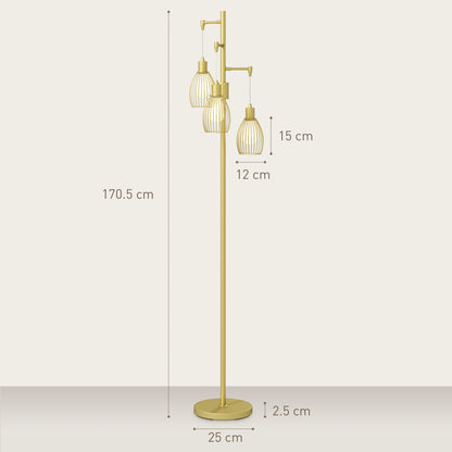 Rodi Metal Gold Tone Industrial 3 Light Floor Lamp With Wire Cage Shades