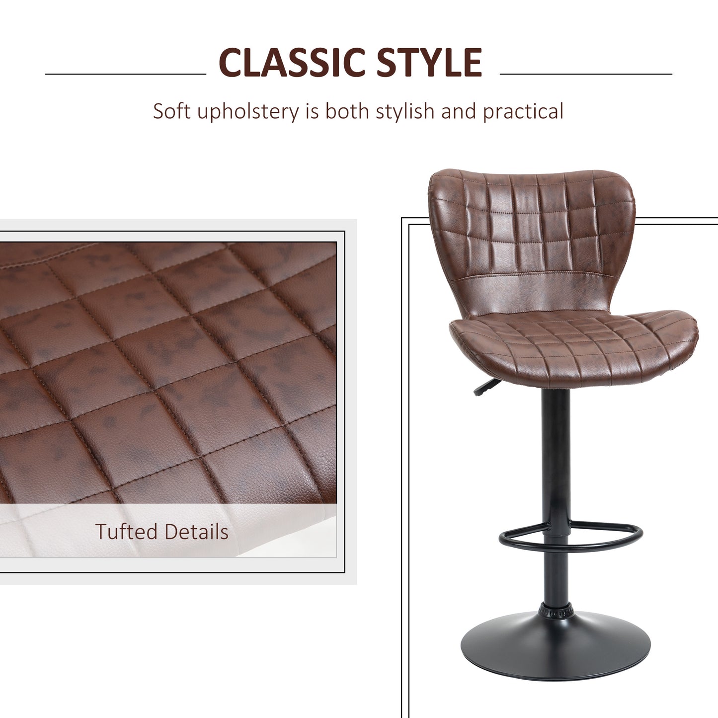 Setora Set Of 2 Faux Leather Brown Adjustable Bar Chairs With Backrest And Footrest