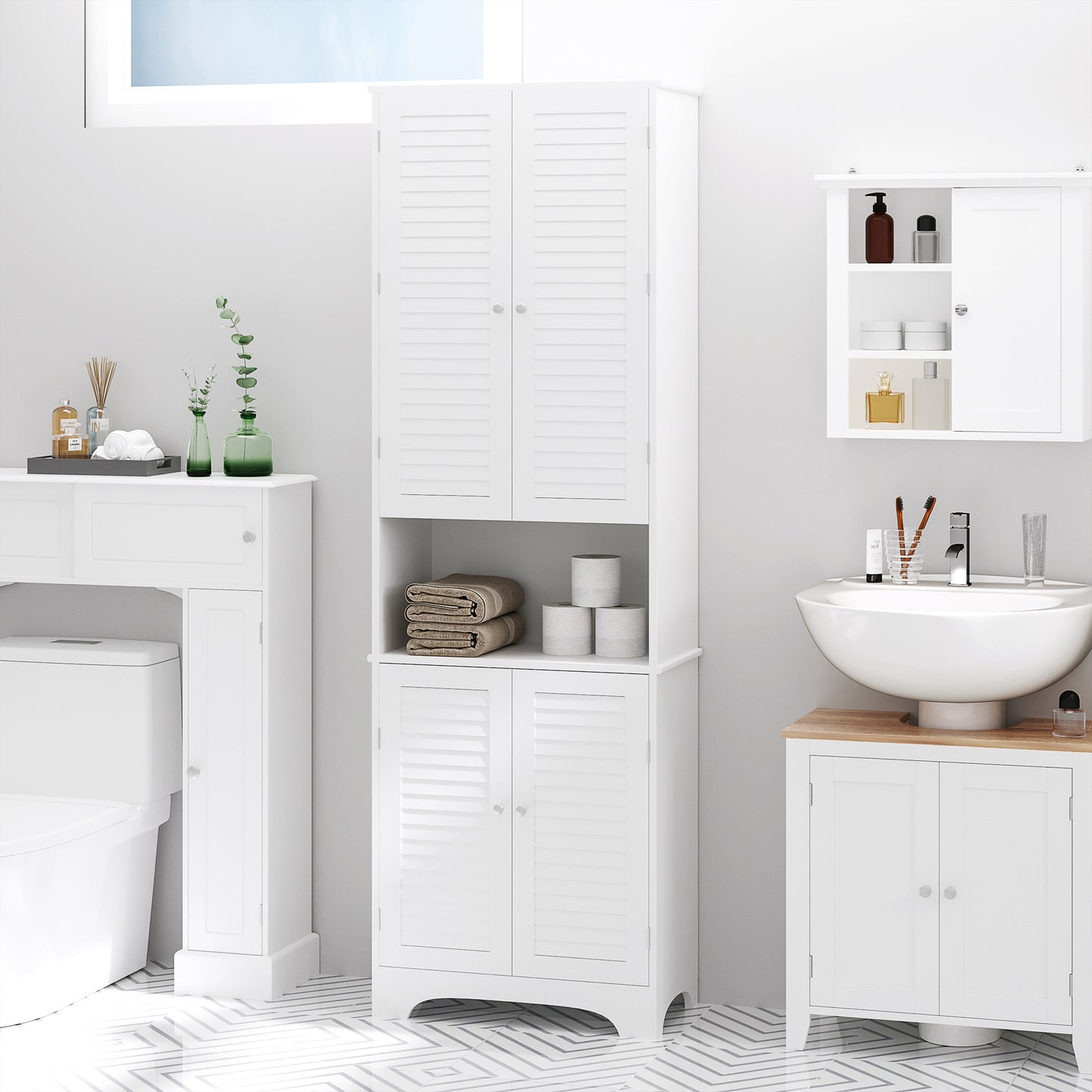 Vihave Kafi Tall Freestanding Bathroom Cabinet With Shutter Doors And Raised Base White