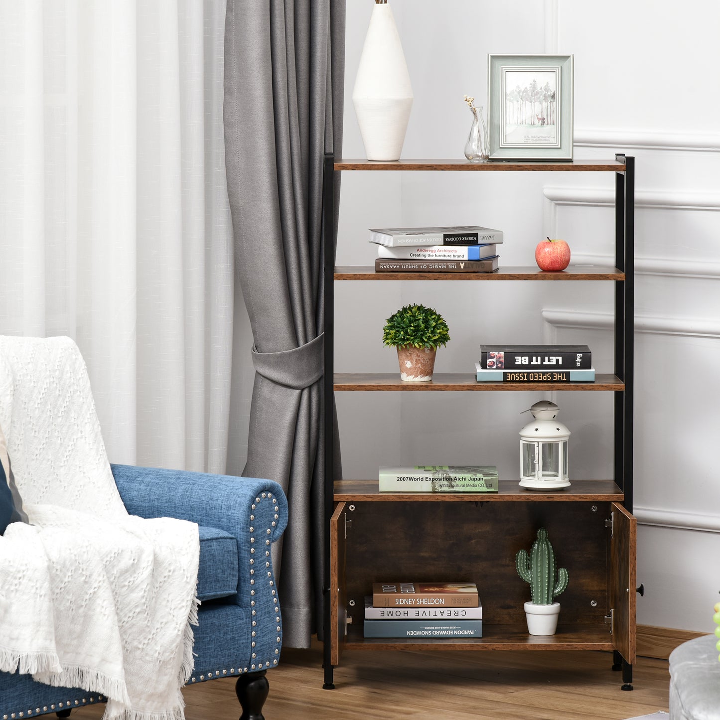 Reneco Vela Metal And Wood Rustic Brown 3 Tier Industrial Bookshelf With Doors