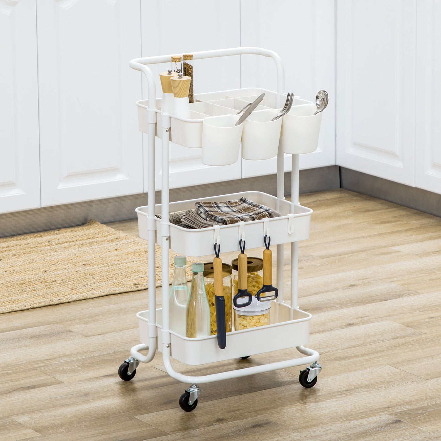 Molole Seba Metal White 3 Tier Home Trolley With Handle And Wheels