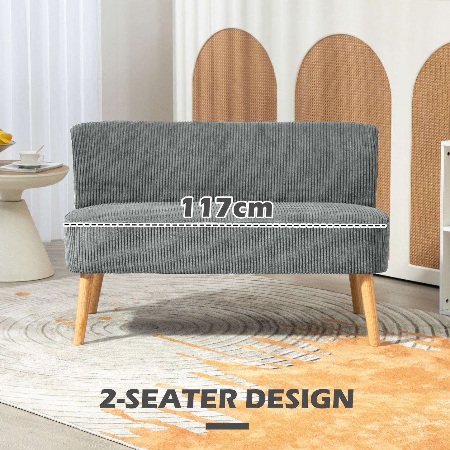 Dinovi Grey Corduroy 2 Seater Sofa Natural Wooden Legs