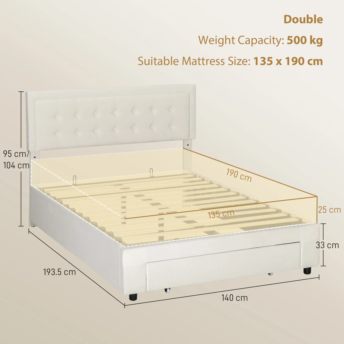 Double 4FT6 Ottoman Bed Frame with Front Divan Drawer Storage Cream