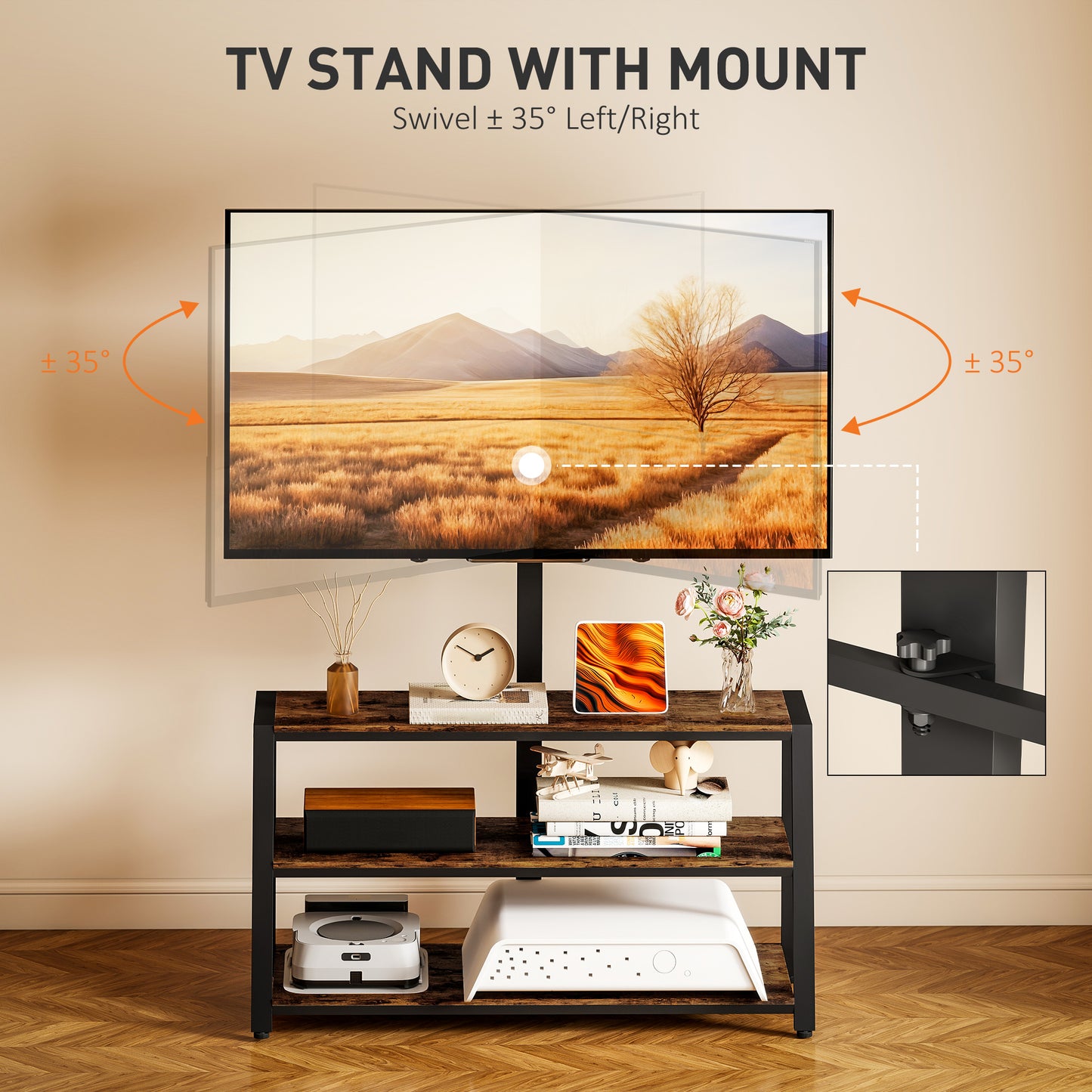 Avaden Dark Brown Industrial TV Stand With 35 Degree Swivel Mount