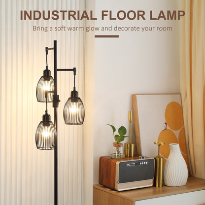 Elziba Metal Black Industrial 3 Light Floor Lamp With Wire Cage Shades 170 cm