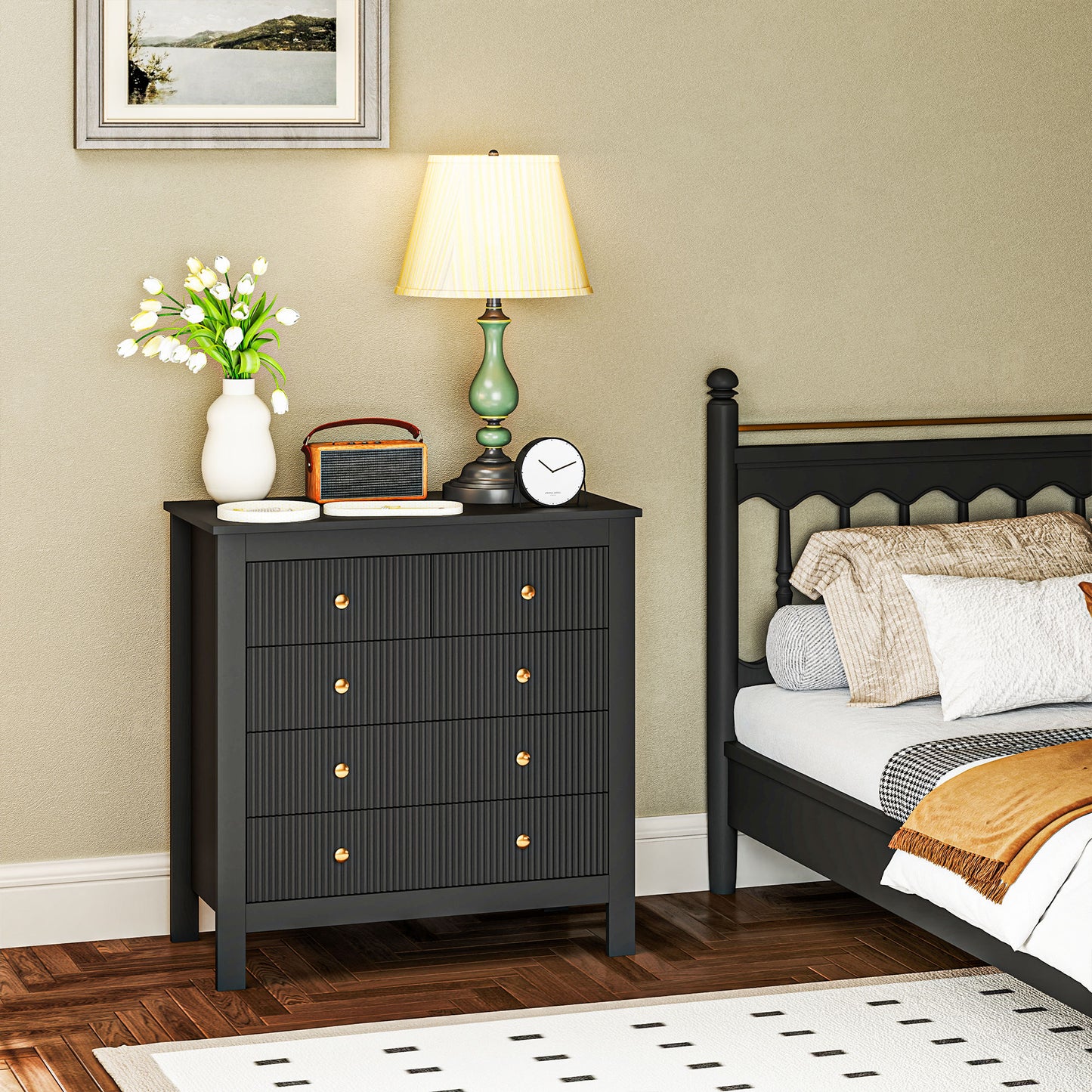 Dineta Wooden Black Elegant 5 Drawer Chest Of Drawers