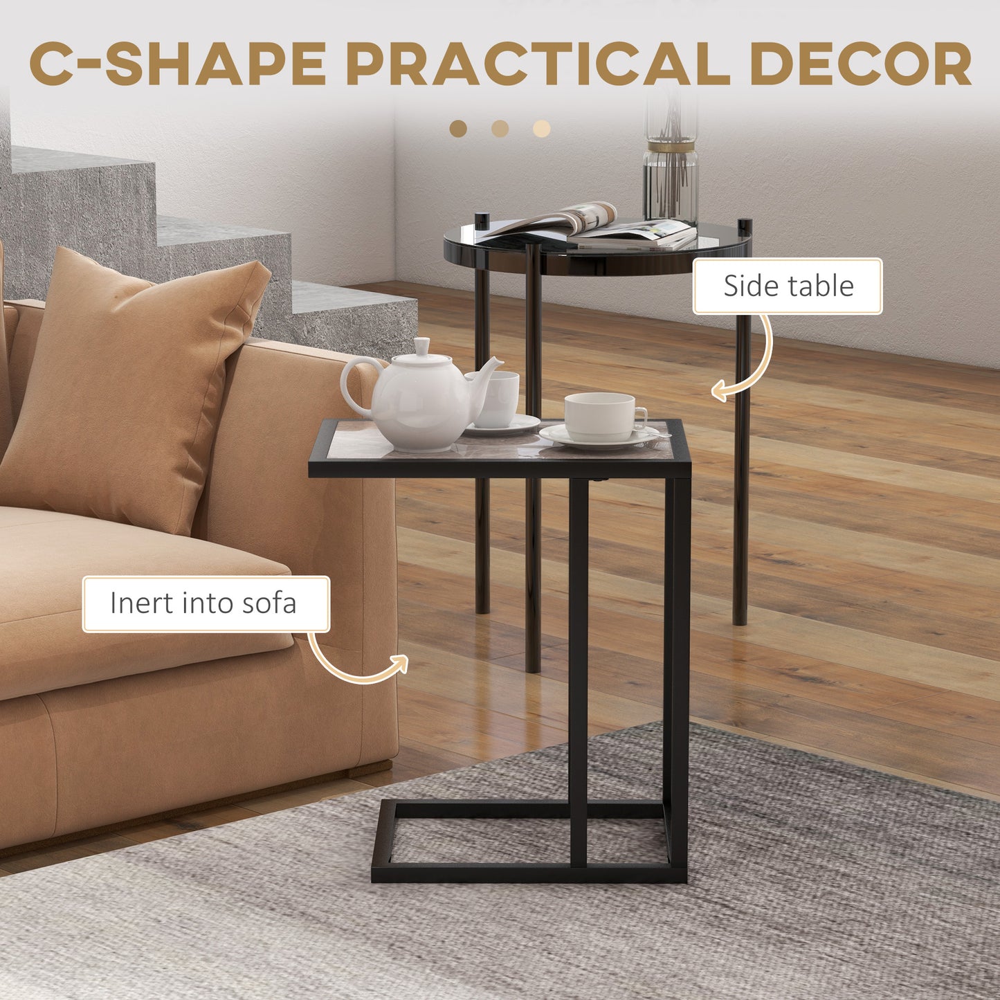 Nonili Metal And Wooden Grey Side Table With Marble Effect Top