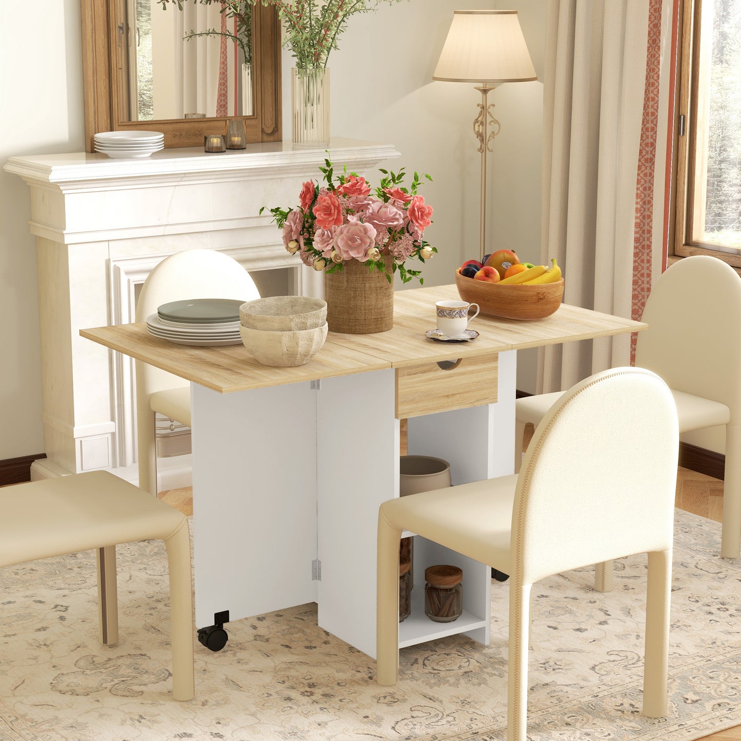 Coyova Wooden Oak Folding Drop Leaf Dining Table With Drawer And Storage Shelves