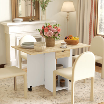 Coyova Wooden Oak Folding Drop Leaf Dining Table With Drawer And Storage Shelves