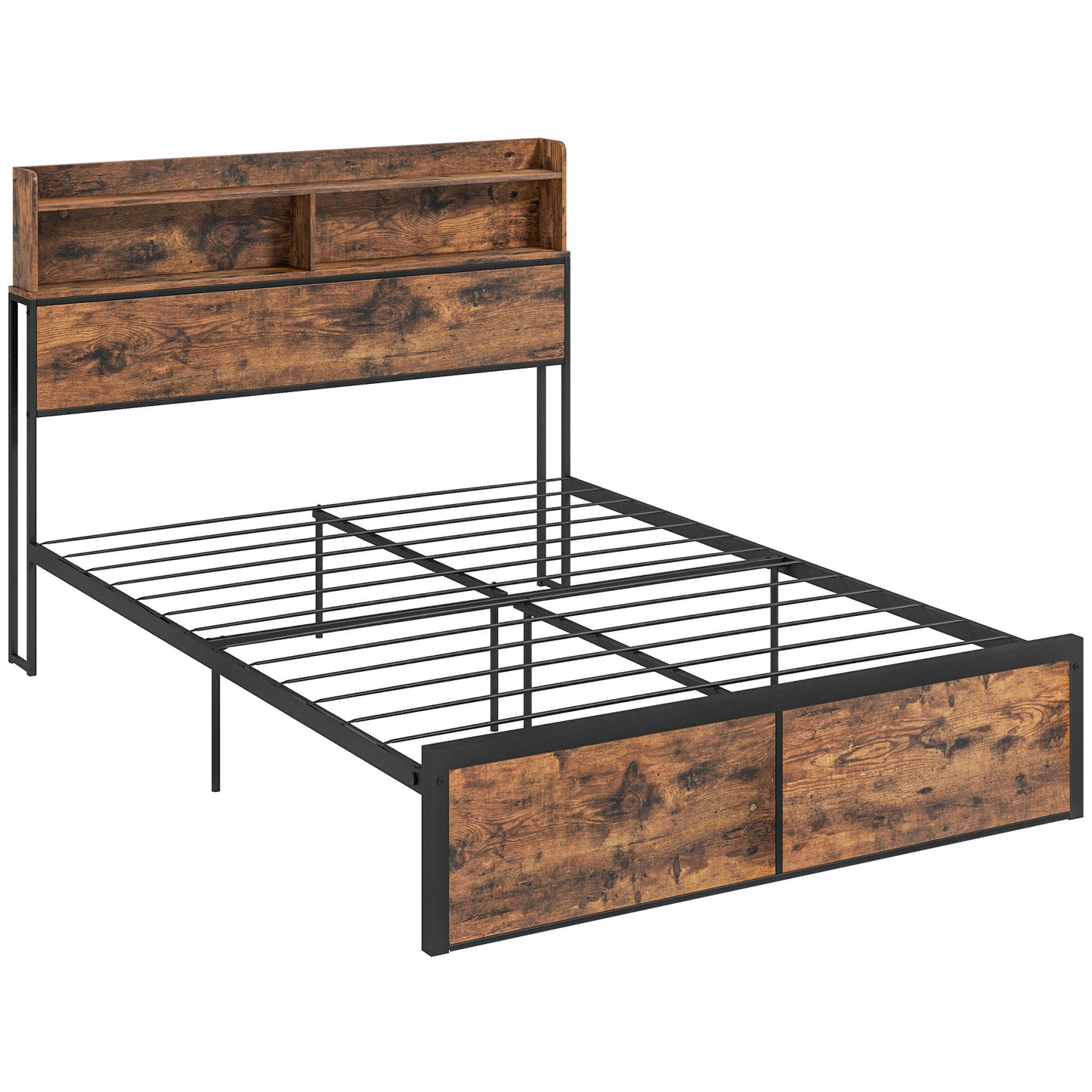 Sata 4FT8 Rustic Brown and Black Industrial Double Bed Frame with Shelves