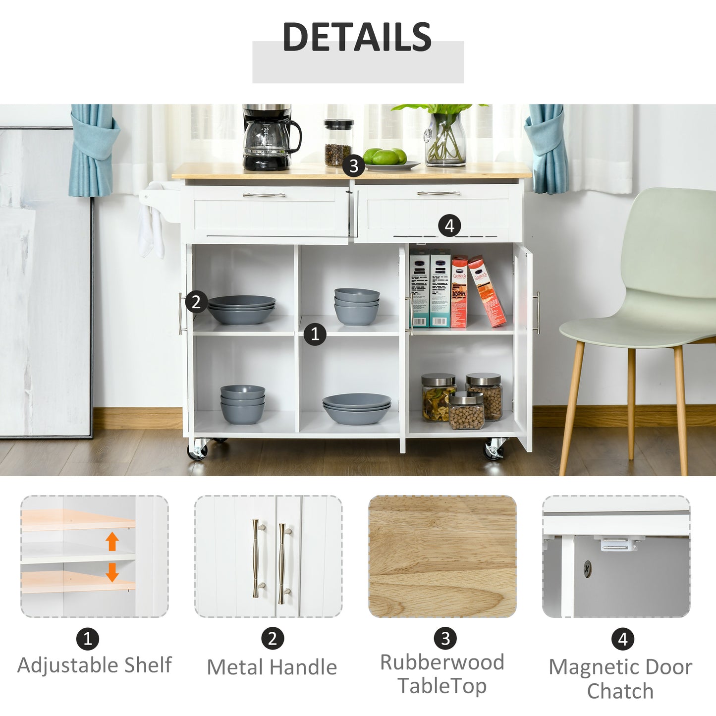 Nave Wooden White Kitchen Island 2 Drawers 3 Doors
