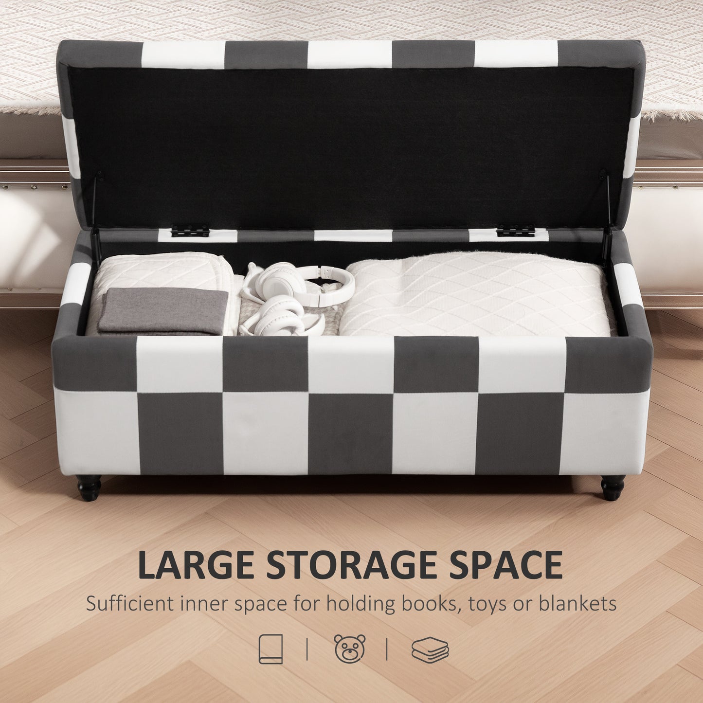 Susula Velvet Dark Grey And White Check Pattern Storage Bench With Wooden Legs
