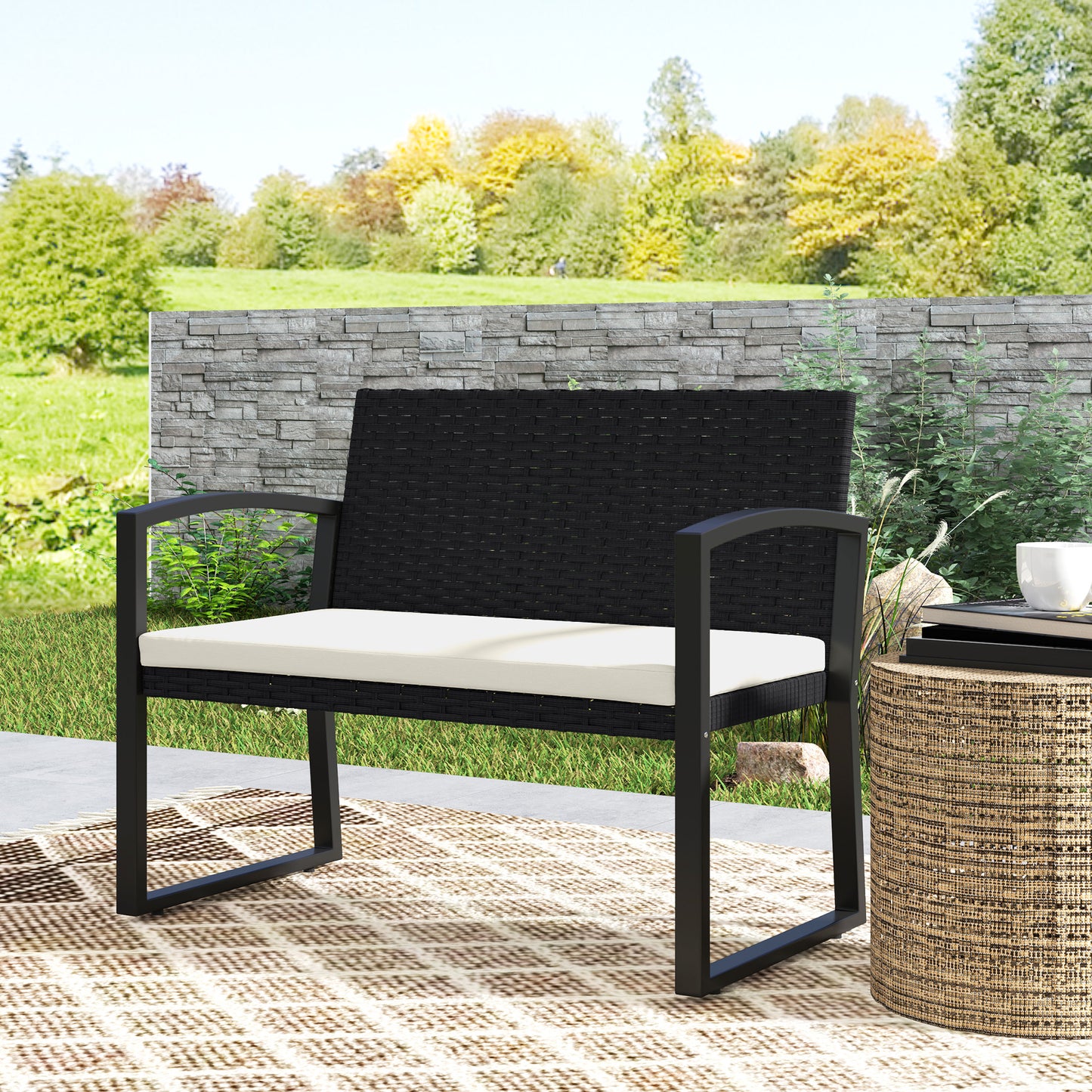 Lalepa Black Rattan Beige 2 Seater Outdoor Garden Bench