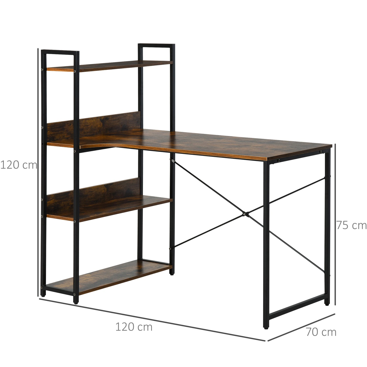 Ranasa 120cm Metal And Wooden Rustic Brown Industrial Desk With Storage Shelves