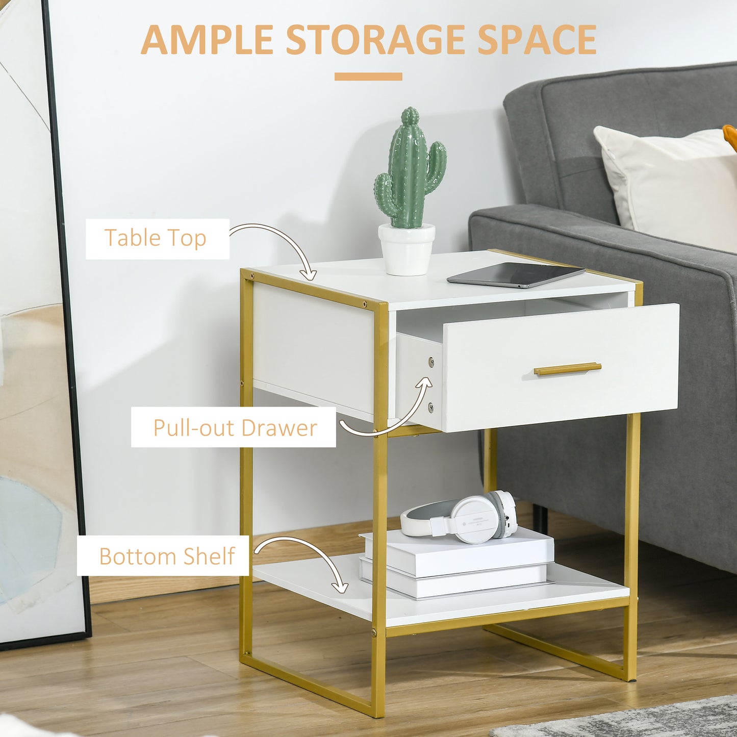 Safifi White Modern Bedside Table 1 Drawer 1 Shelf With Gold Accents