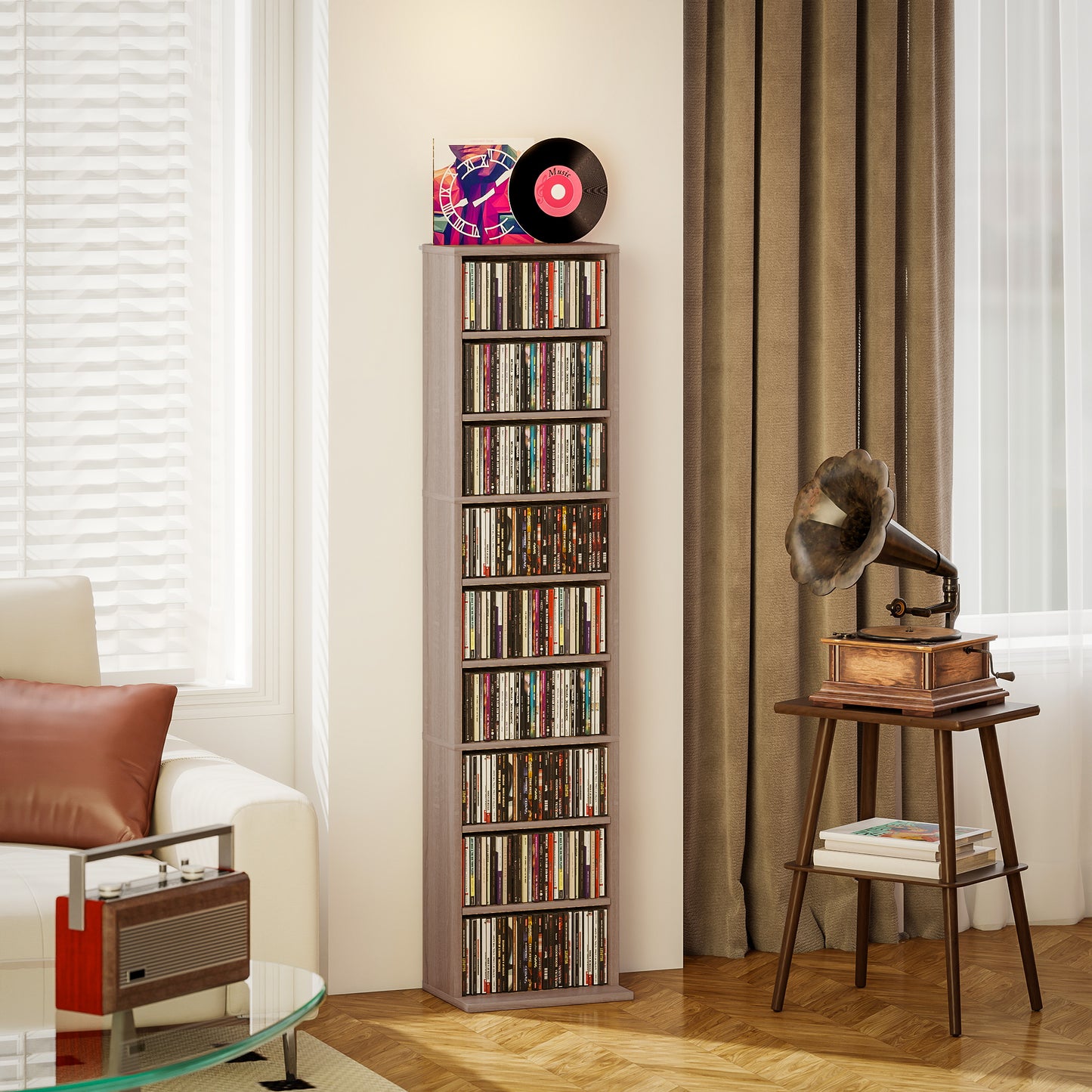 Lere Tavi Wooden Natural Finish Narrow CD Storage Unit With 260 Disc Capacity