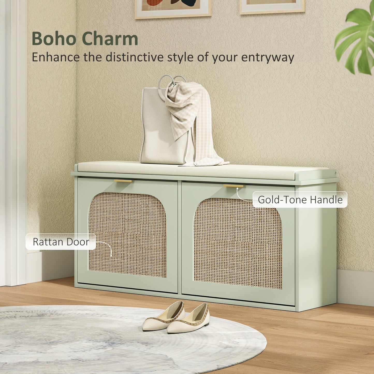 Rika Wooden Light Green Boho Style Shoe Bench With Cushioned Seat And 2 Flip Drawers