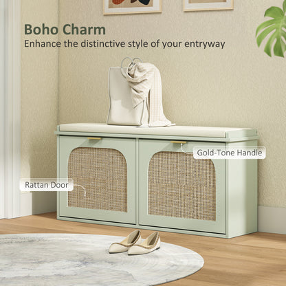 Rika Wooden Light Green Boho Style Shoe Bench With Cushioned Seat And 2 Flip Drawers