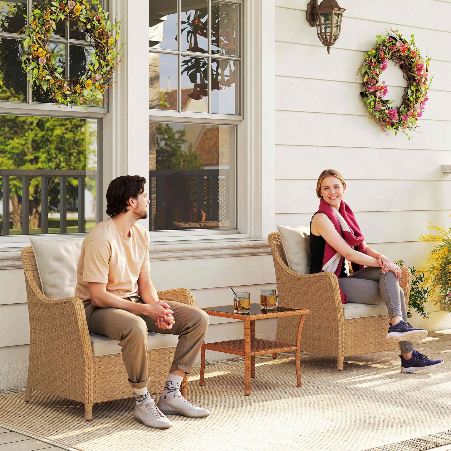 Rera Rattan Beige Set Of 2 Outdoor Armchairs With Cushions Armrests And High Back