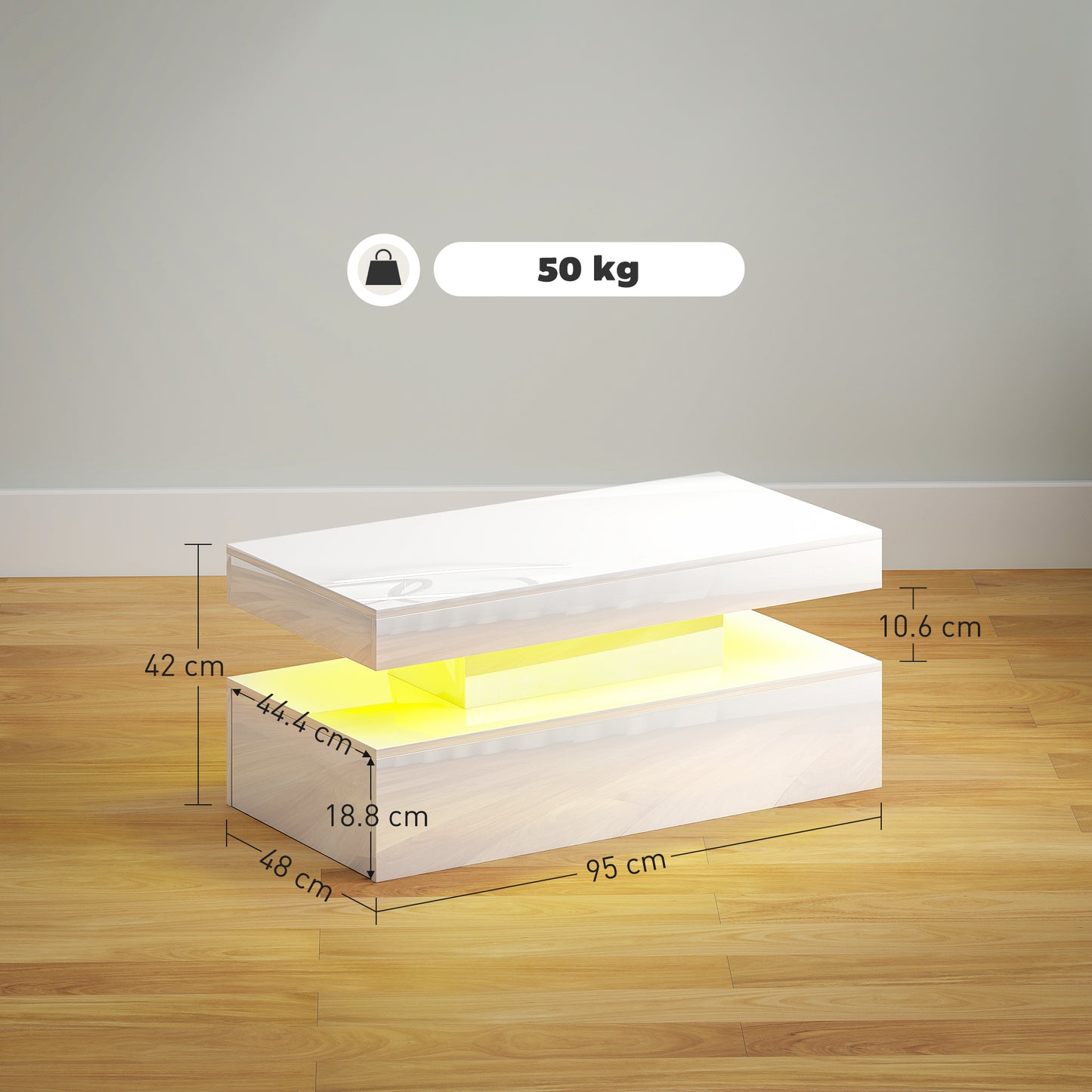 Lomoyo cm High Gloss White LED Coffee Table With Integrated Storage